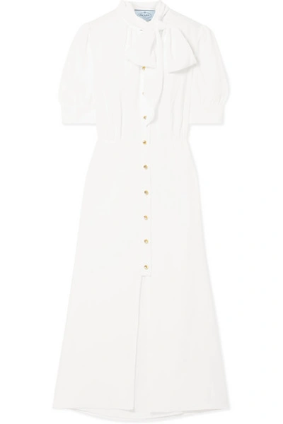 Shop Prada Pussy-bow Crepe De Chine Midi Dress In White