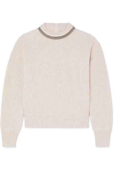 Shop Brunello Cucinelli Bead-embellished Ribbed Cashmere Sweater In Light Gray