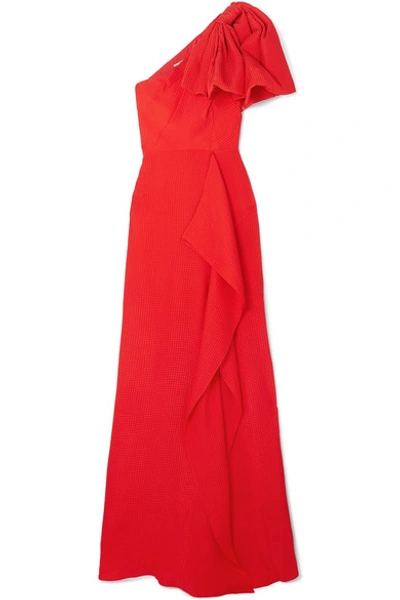Shop Roland Mouret Belhaven One-shoulder Bow-detailed Silk-jacquard Gown In Red