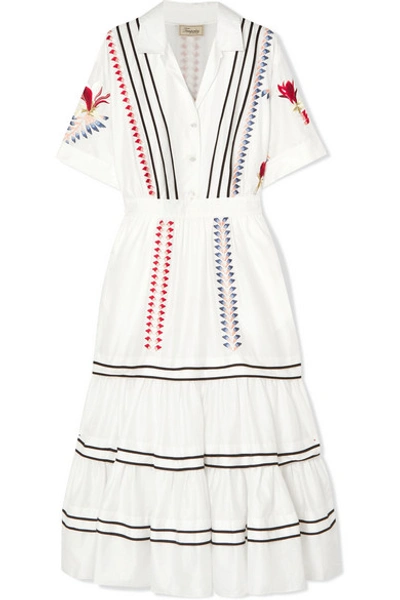 Shop Temperley London Cherry Blossom Ruffled Embroidered Cotton Midi Dress In White