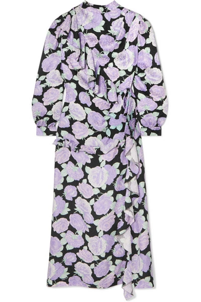 Shop Miu Miu Crystal-embellished Ruffled Floral-print Silk-jacquard Maxi Dress In Lilac