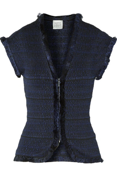 Shop Herve Leger Fringed Jacquard-knit Jacket In Midnight Blue
