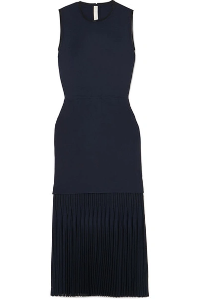 Shop Dion Lee Pleated Bonded Stretch-crepe Midi Dress In Navy