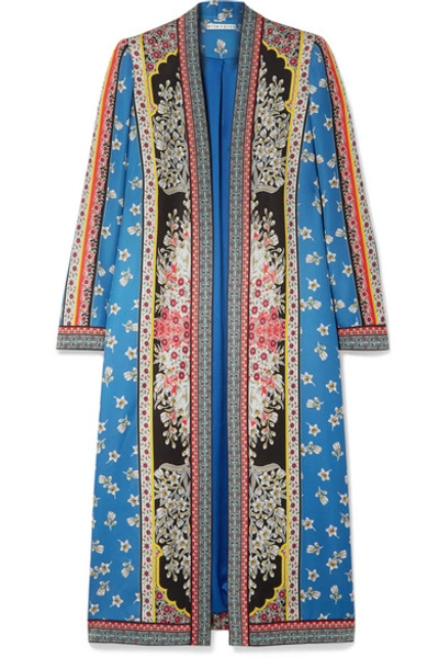 Shop Alice And Olivia Linoa Jacquard-trimmed Printed Crepe De Chine Kimono In Blue