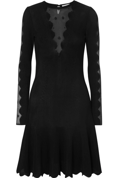 Shop Alexander Mcqueen Lace-paneled Ribbed-knit Dress In Black