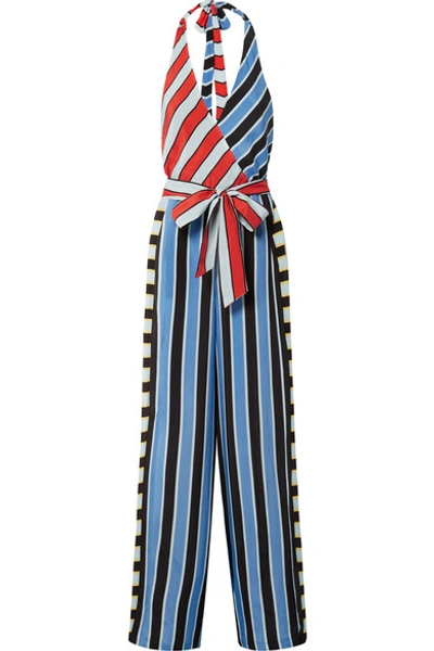 Shop Alice And Olivia Keesha Wrap-effect Striped Cupro Halterneck Jumpsuit In Blue