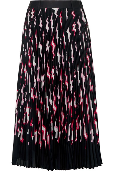 Shop Prada Pleated Printed Satin Midi Skirt In Black