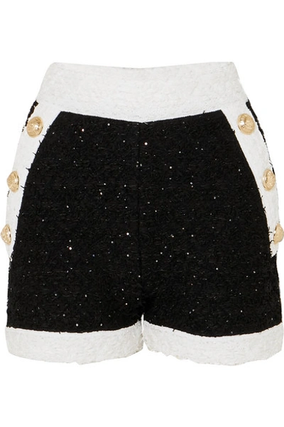 Shop Balmain Embellished Tweed Shorts In Black
