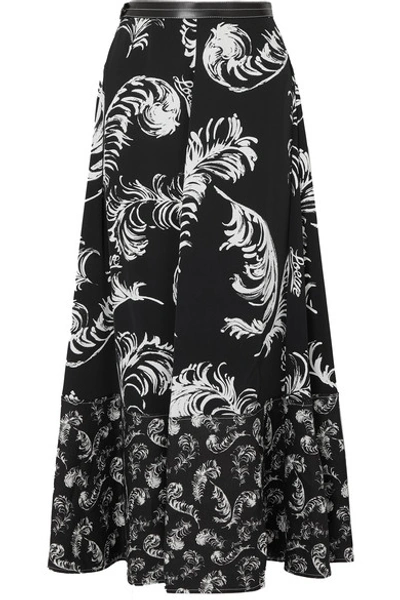 Shop Loewe Leather-trimmed Printed Satin And Linen Maxi Skirt In Black