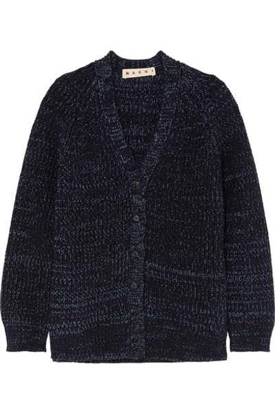 Shop Marni Oversized Ribbed Mélange Wool Cardigan In Navy