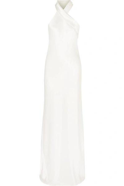 Shop Galvan Mayfair Halterneck Asymmetric Satin Gown In White