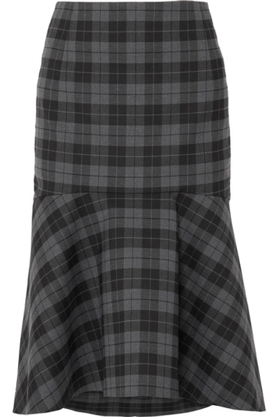 Shop Balenciaga Ruffled Checked Twill Midi Skirt In Gray
