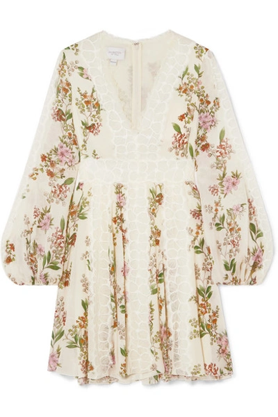 Shop Giambattista Valli Lace-trimmed Floral-print Silk-georgette Mini Dress In Ivory