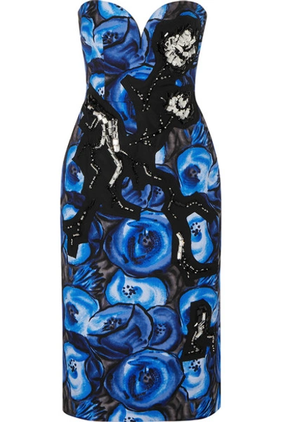 Shop Prada Strapless Crystal-embellished Floral-print Cotton Dress In Blue