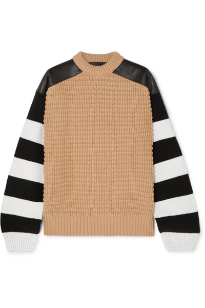 Shop Haider Ackermann Leather-paneled Striped Fleece Wool And Cashmere-blend Sweater In Camel