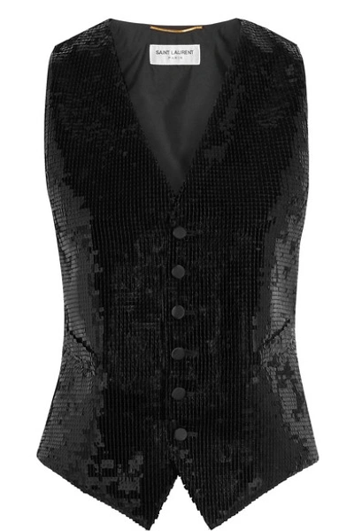 Shop Saint Laurent Satin And Sequined Wool Vest In Black