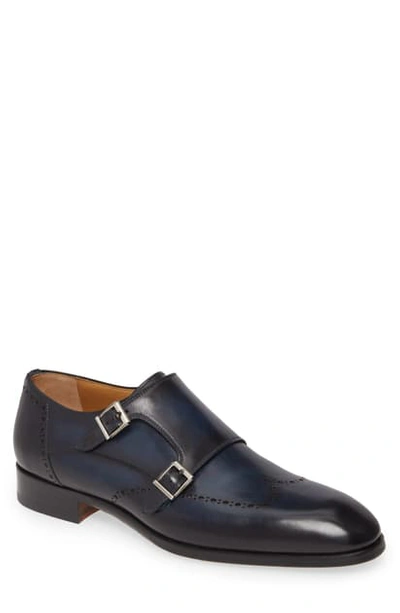 Shop Magnanni Ryan Double Monk Strap Shoe In Navy Leather