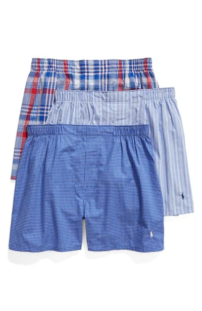 Shop Polo Ralph Lauren 3-pack Woven Boxers In Blue Plaid/ Stripe Multi