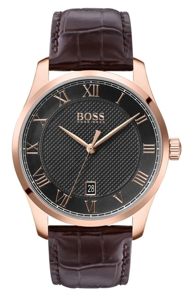 Shop Hugo Boss Master Classic Leather Strap Watch, 41mm In Brown/ Grey/ Rose Gold