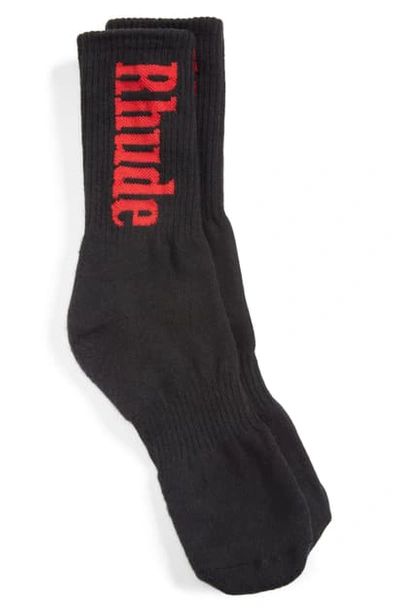 Shop Rhude Vertical Print Socks In Black/ Red