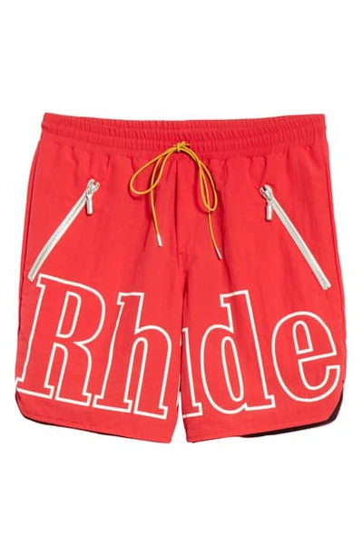 Shop Rhude Logo Swim Trunks In Red/ White