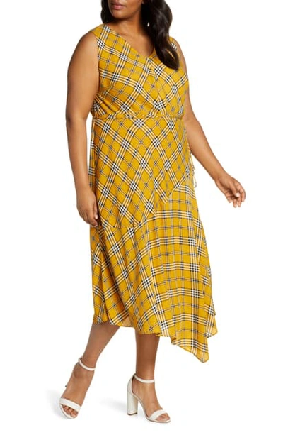 Shop Vince Camuto Highland Plaid Asymmetrical Sleeveless Dress In Honey Pot