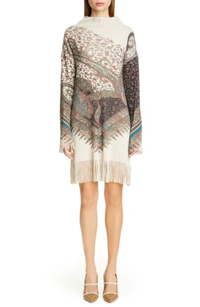 Shop Etro Fringe Trim Long Sleeve Wool & Cashmere Sweater Dress In Multi