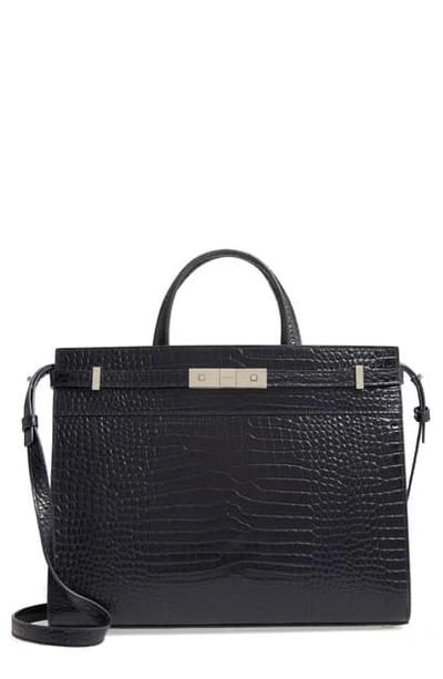 Shop Saint Laurent Small Manhattan Croc Embossed Calfskin Satchel In Marine