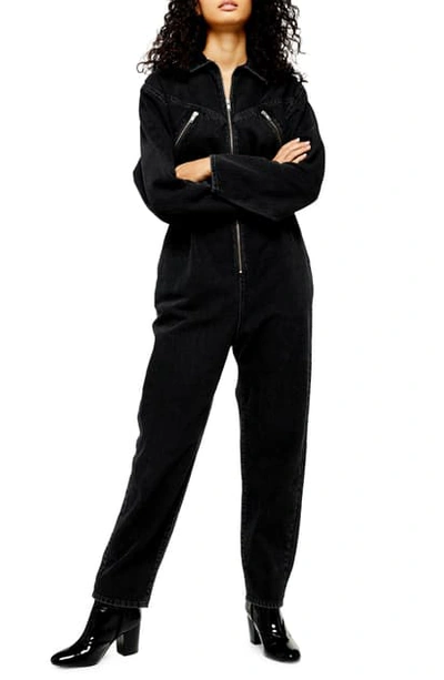 Topshop Cinched Denim Jumpsuit In Washed Black