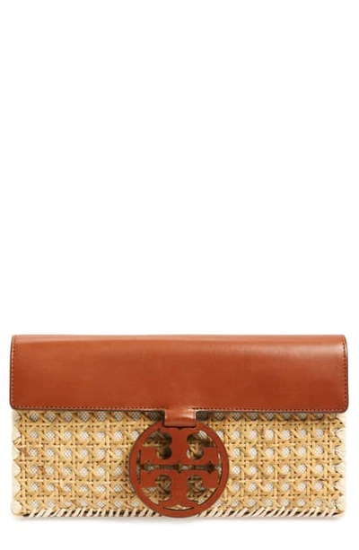 Shop Tory Burch Miller Woven Rattan Clutch - Brown In Natural