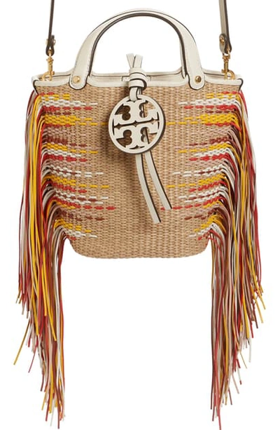 Shop Tory Burch Mini Miller Fringe Woven Twill Bucket Bag In Natural / New Ivory