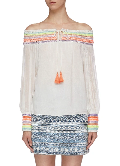 Shop Alice And Olivia 'sharyl' Tassel Tie Rainbow Stripe Off-shoulder Peasant Blouse