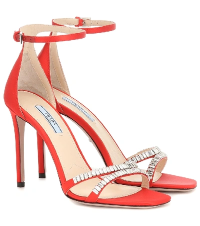 Shop Prada Embellished Satin Sandals In Red