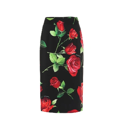 Shop Dolce & Gabbana Floral Stretch-silk Midi Skirt In Black