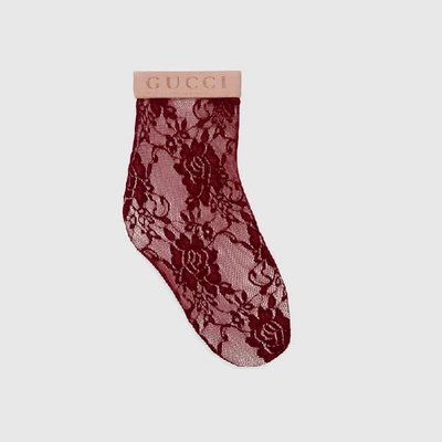 Shop Gucci Floral Lace Ankle Socks In Red