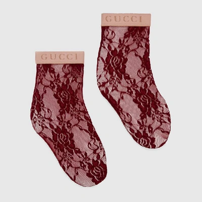 Shop Gucci Floral Lace Ankle Socks In Red