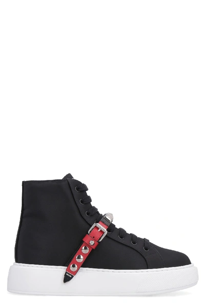 Shop Prada High Lace-up Fabric Sneakers In Black