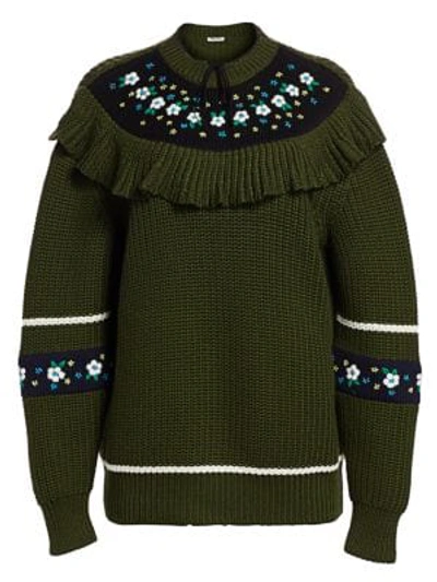 Shop Miu Miu Floral Intarsia Wool Knit Sweater In Military