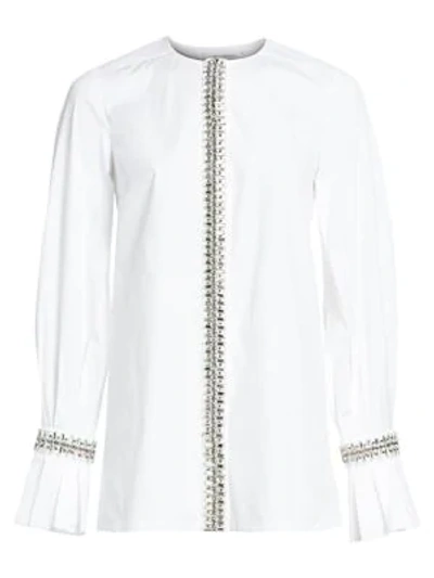Shop Carolina Herrera Embellished Puff-sleeve Tunic Blouse In White
