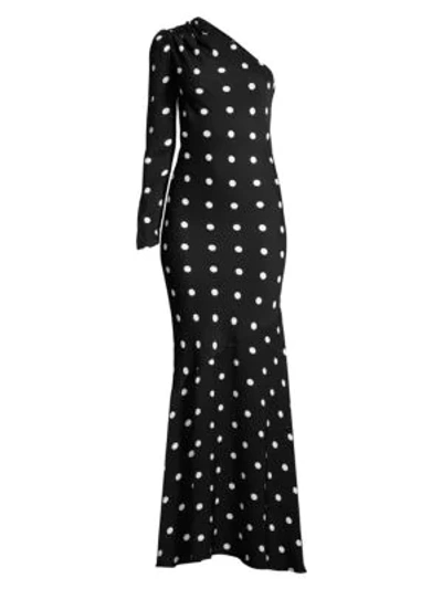 Shop Rebecca Vallance Penelope Polka Dot One Shoulder Gown In Black Spot