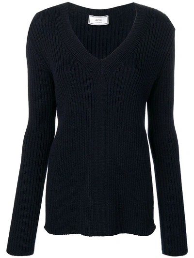 Shop Ami Alexandre Mattiussi Women's V Collar Rib Sweater In Blue