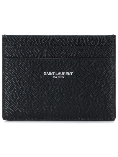 Shop Saint Laurent Logo-stamp Grained-leather Cardholder In Black