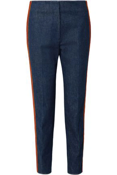 Shop Calvin Klein 205w39nyc Zip-detailed Striped High-rise Slim-leg Jeans In Mid Denim