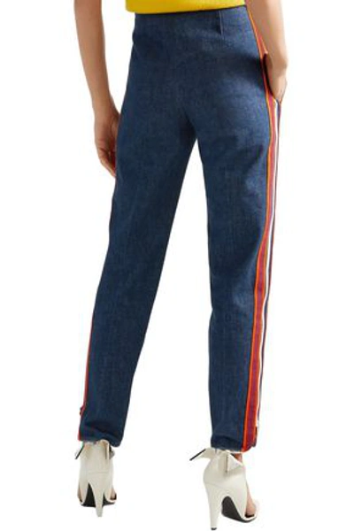 Shop Calvin Klein 205w39nyc Zip-detailed Striped High-rise Slim-leg Jeans In Mid Denim