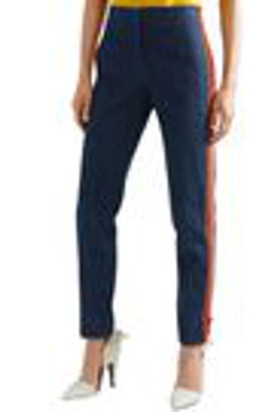 Shop Calvin Klein 205w39nyc Zip-detailed Striped High-rise Slim-leg Jeans In Mid Denim
