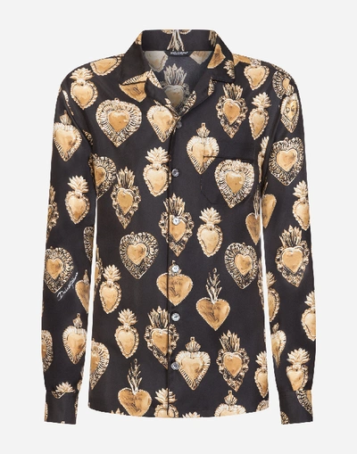 Shop Dolce & Gabbana Silk Pajama Shirt With Sacred Heart Print In Black