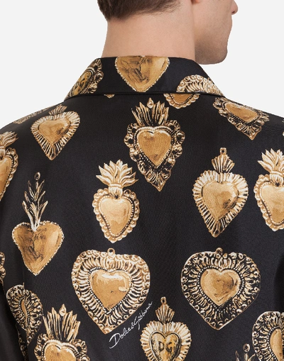 Shop Dolce & Gabbana Silk Pajama Shirt With Sacred Heart Print In Black
