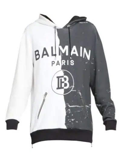 Shop Balmain Half Print Side-zip Hoodie In Black White