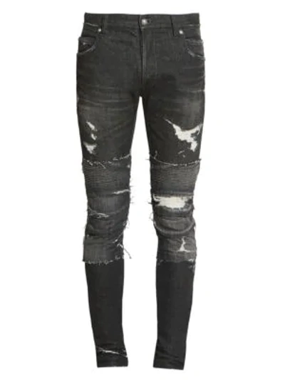 Shop Balmain Slim Distressed Ribbed Jeans In Noir