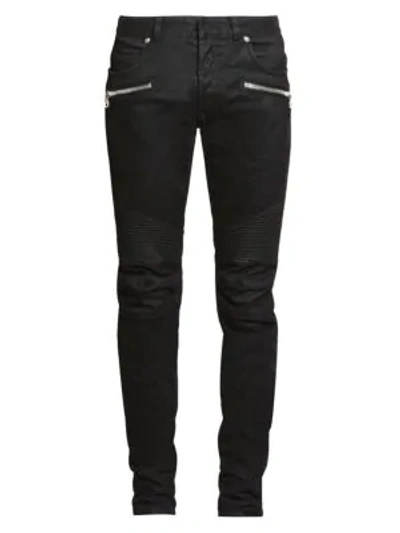 Shop Balmain Monogram Moto Tapered-fit Jeans In Noir